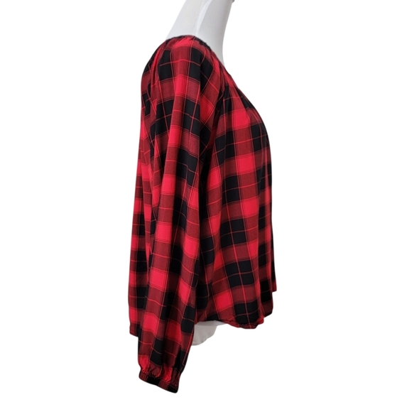 Loft Size L Red & Black Plaid Popover Top, Long Sleeve, Gently Used Condition - Picture 4 of 13